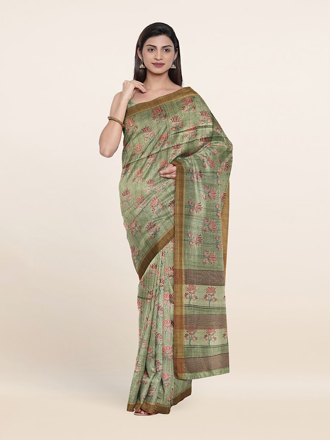 

Pothys Green & Brown Floral Jute Silk Saree