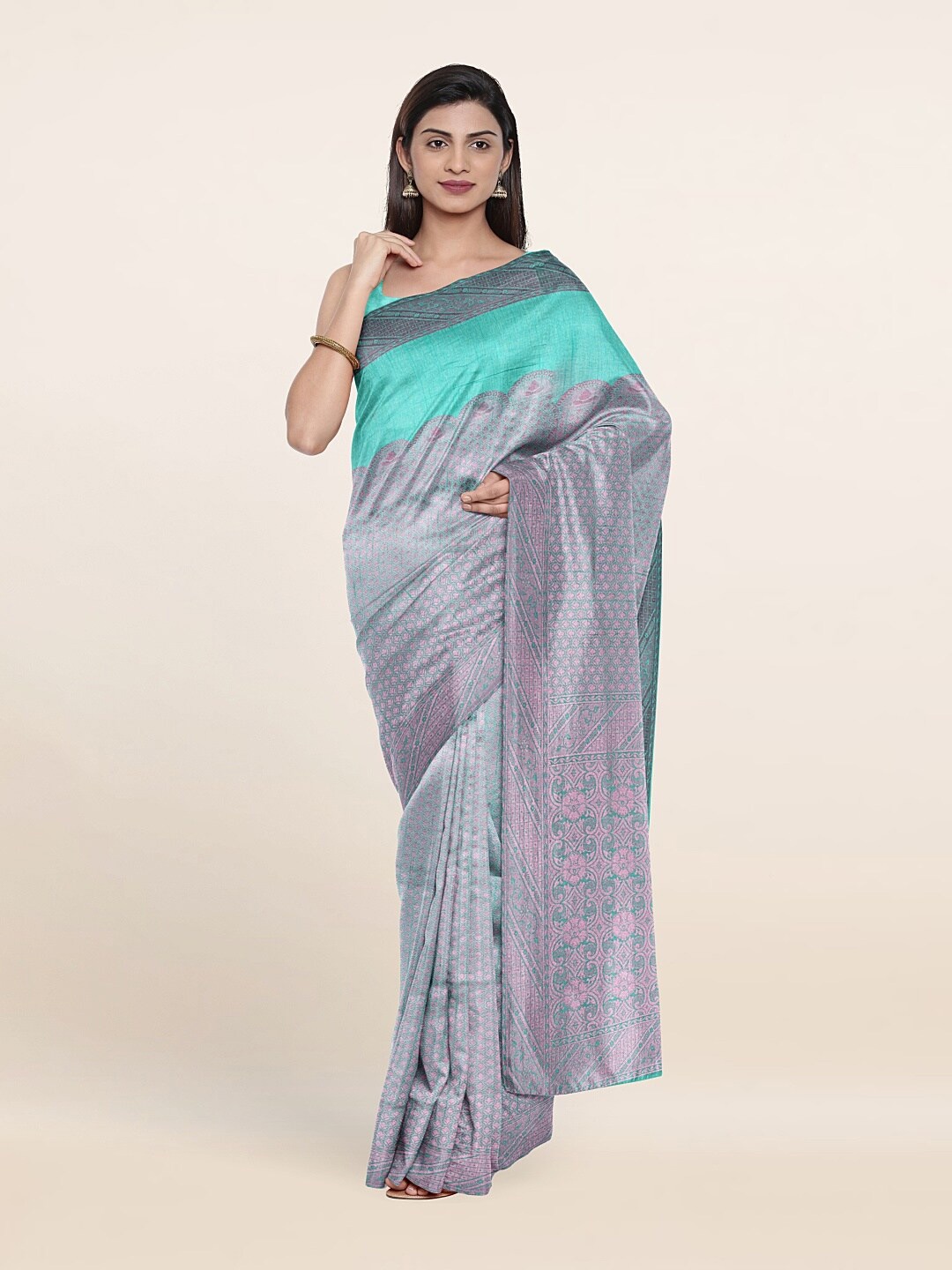 

Pothys Green & Pink Floral Zari Jute Silk Saree