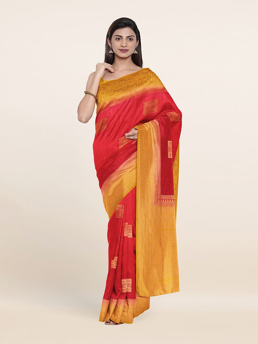 

Pothys Maroon & Mustard Zari Jute Silk Saree