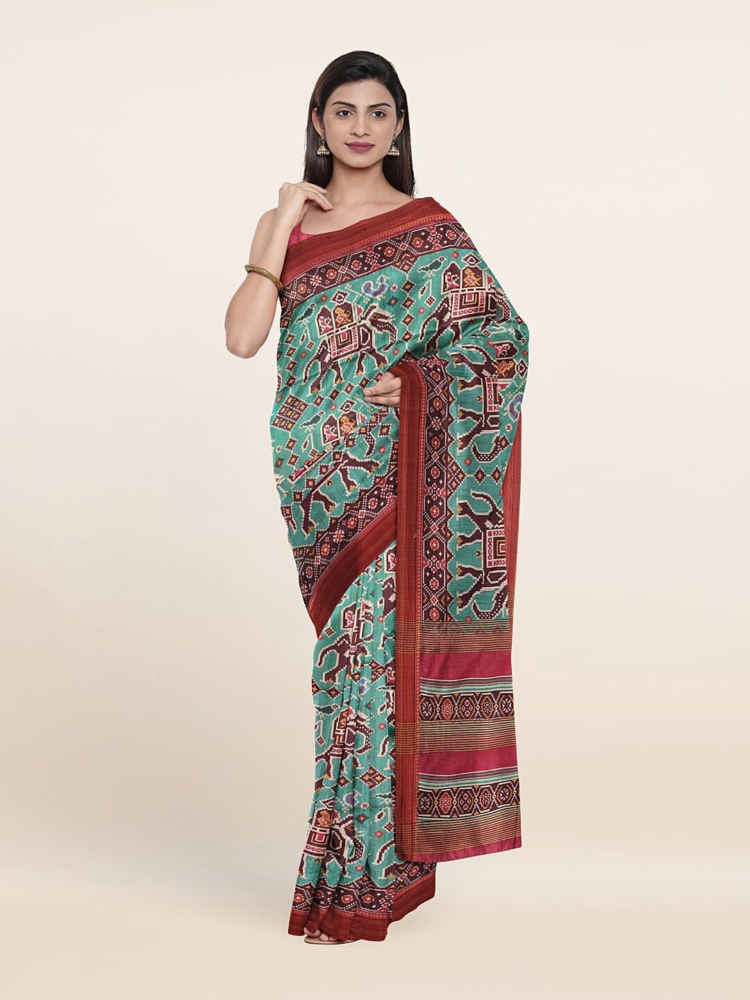

Pothys Green & Pink Ethnic Motifs Jute Silk Saree