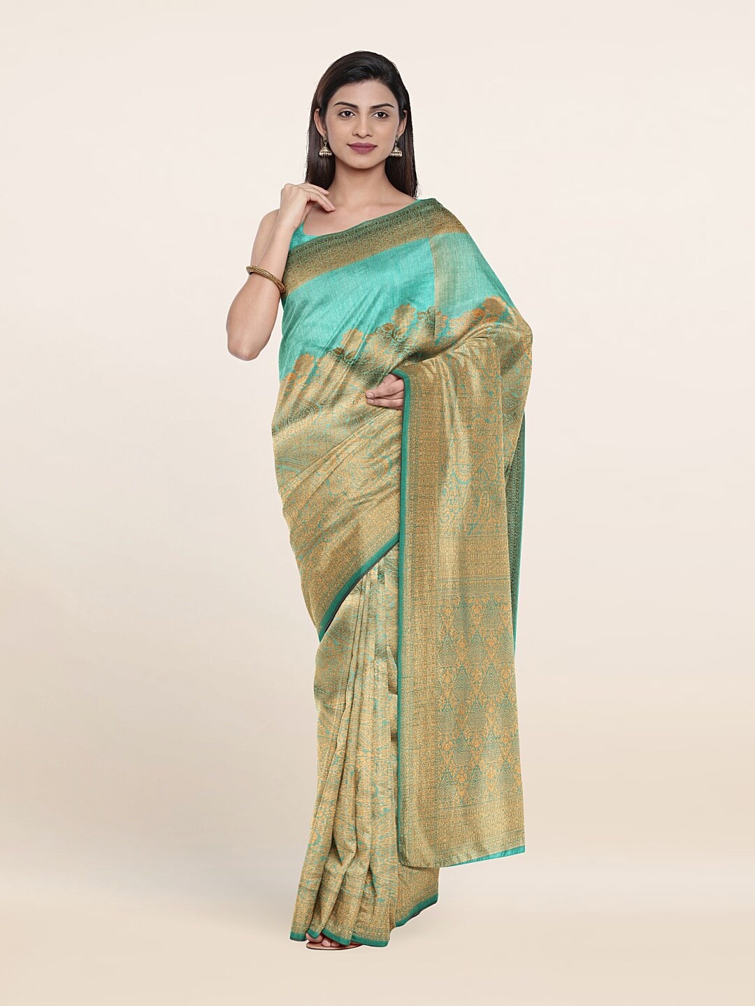 

Pothys Green & Gold-Toned Ethnic Motifs Zari Jute Silk Saree