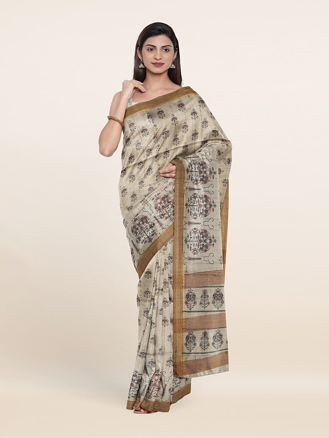 

Pothys Cream-Coloured & Green Floral Jute Silk Saree