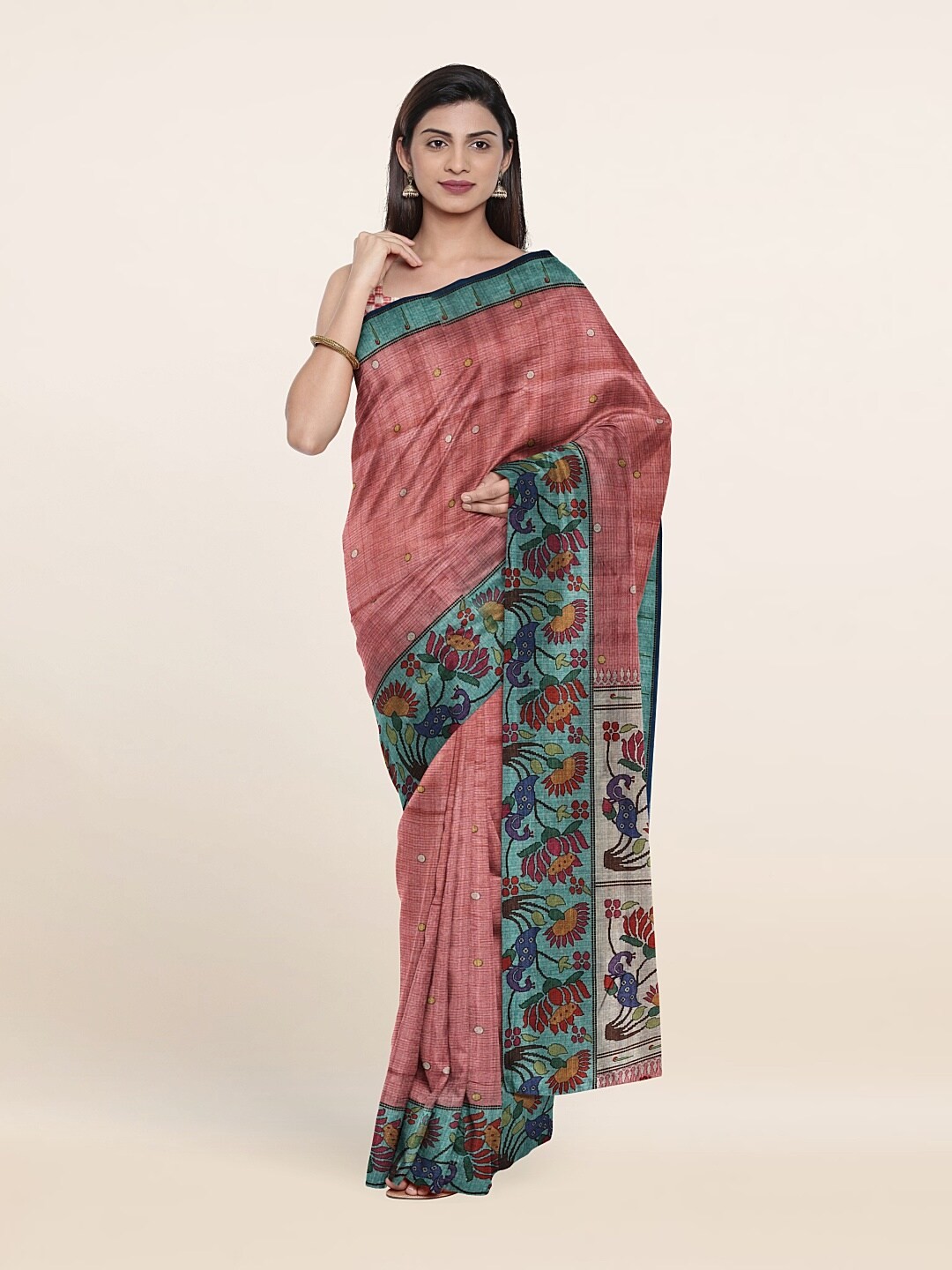 

Pothys Pink & Green Floral Jute Silk Saree