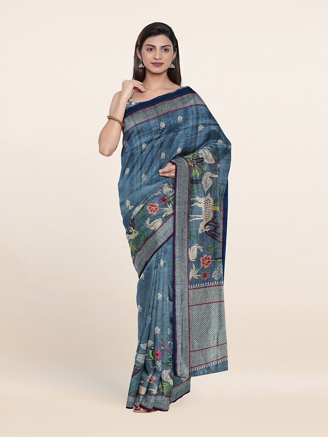 

Pothys Blue & Red Ethnic Motifs Jute Silk Saree