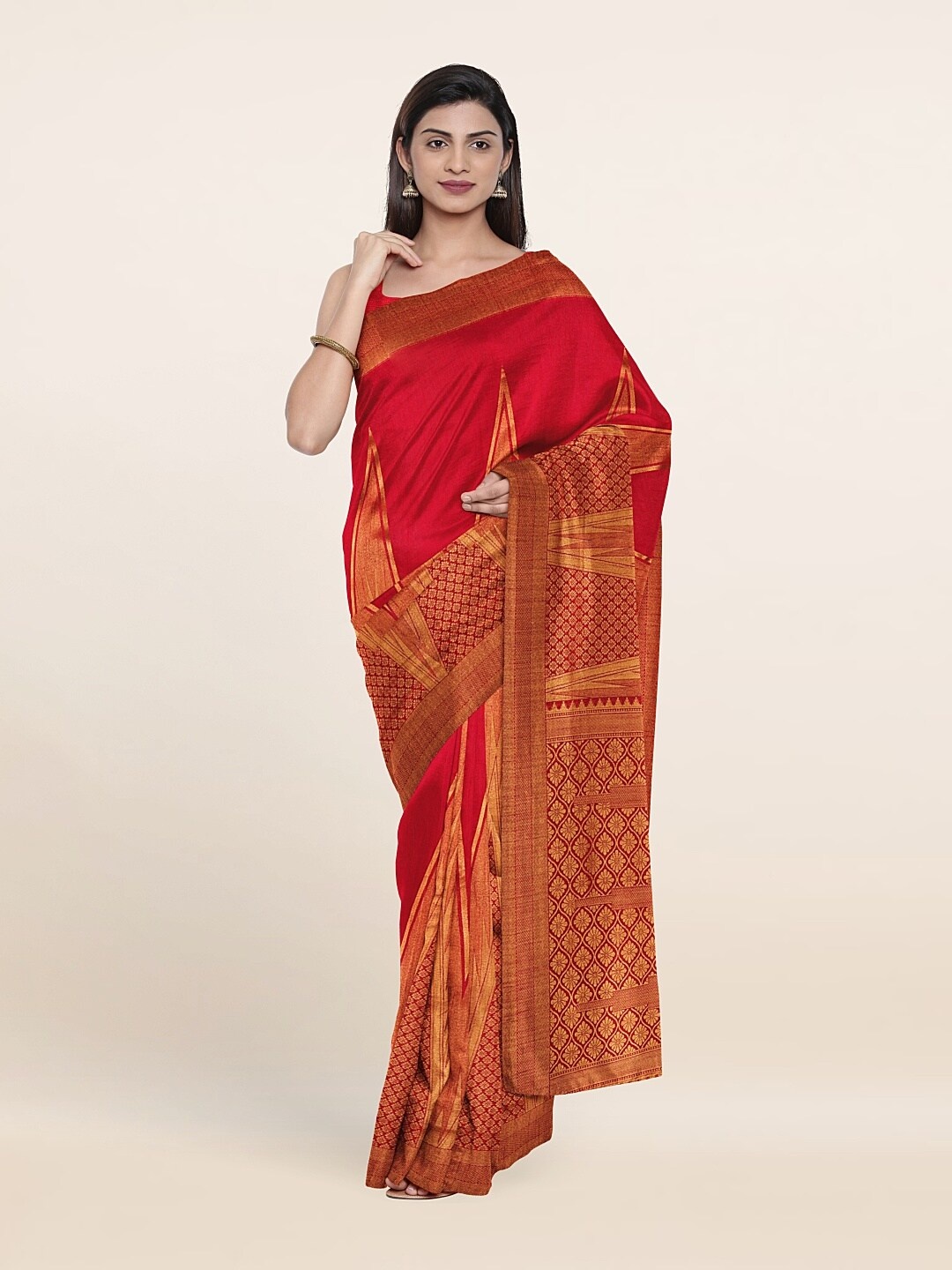 

Pothys Pink & Gold-Toned Zari Jute Silk Saree