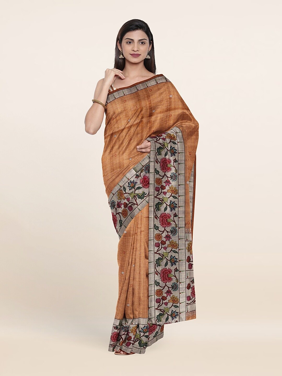 

Pothys Mustard & Pink Floral Jute Silk Saree