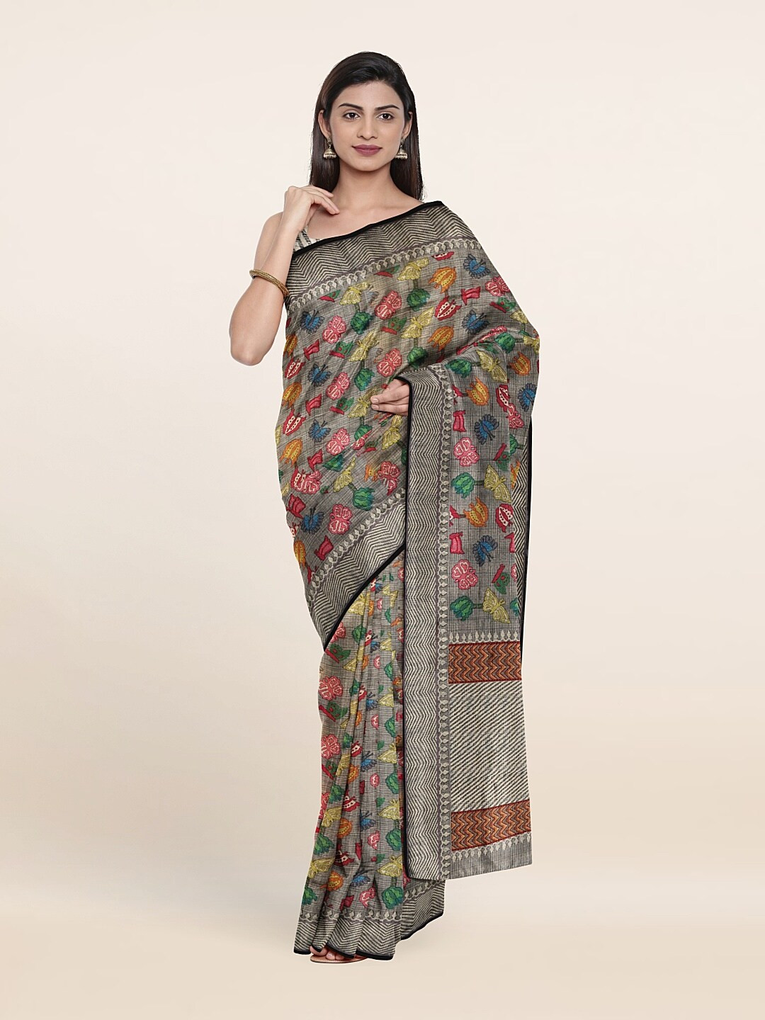 

Pothys Grey & Red Ethnic Motifs Jute Silk Saree