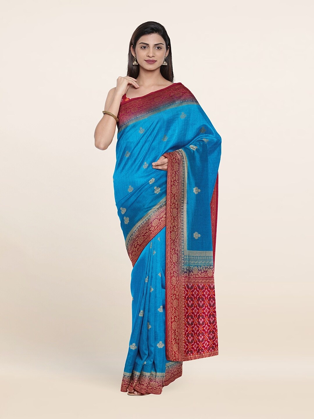 

Pothys Blue & Pink Ethnic Motifs Zari Jute Silk Saree