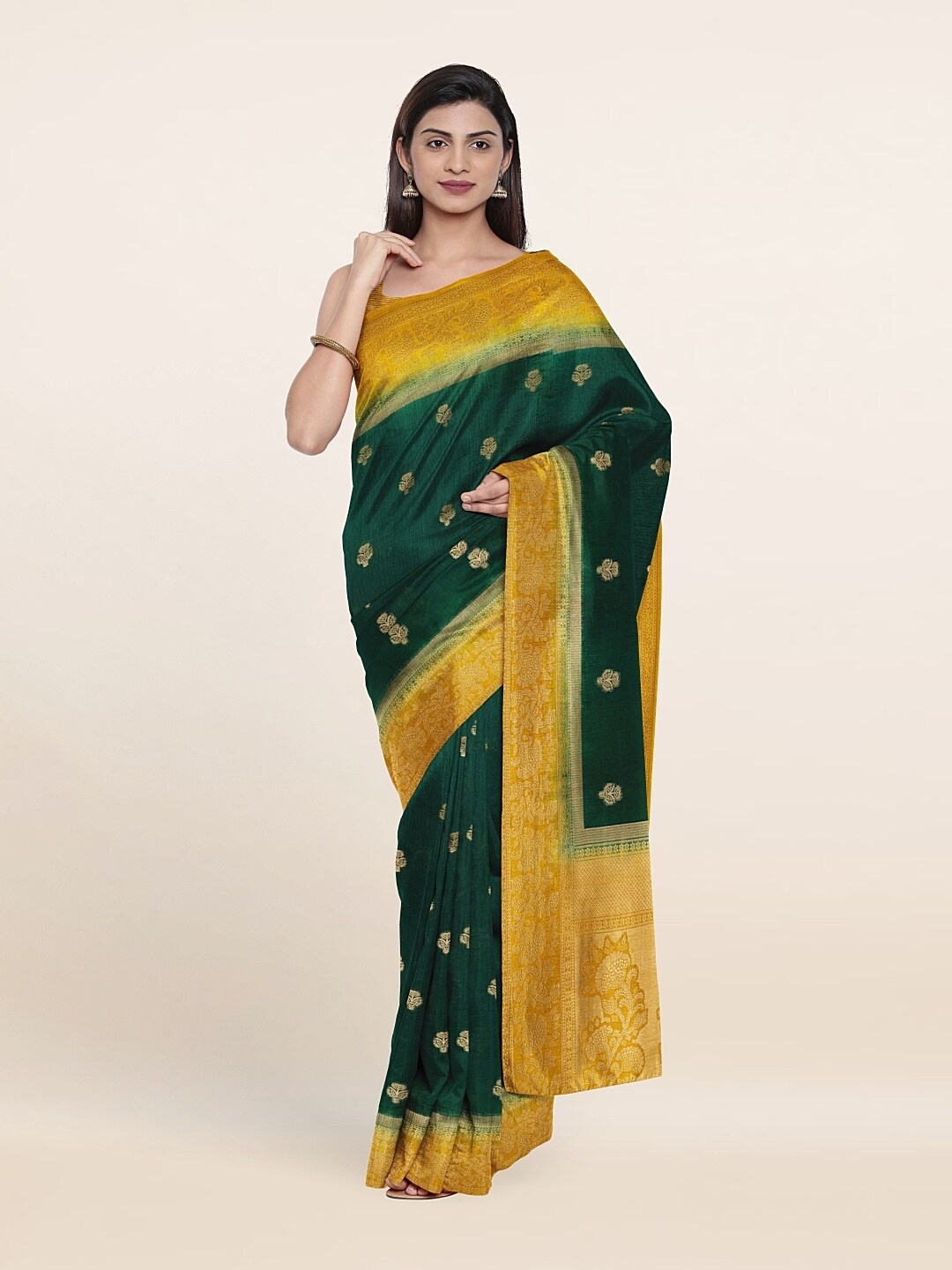 

Pothys Green & Mustard Floral Zari Jute Silk Saree