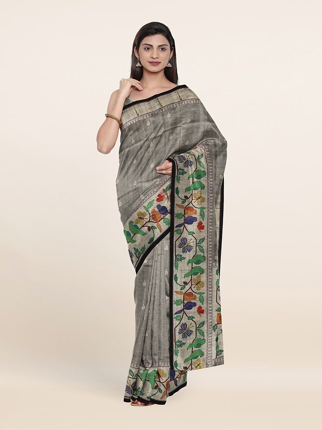 

Pothys Grey & Green Floral Jute Silk Saree