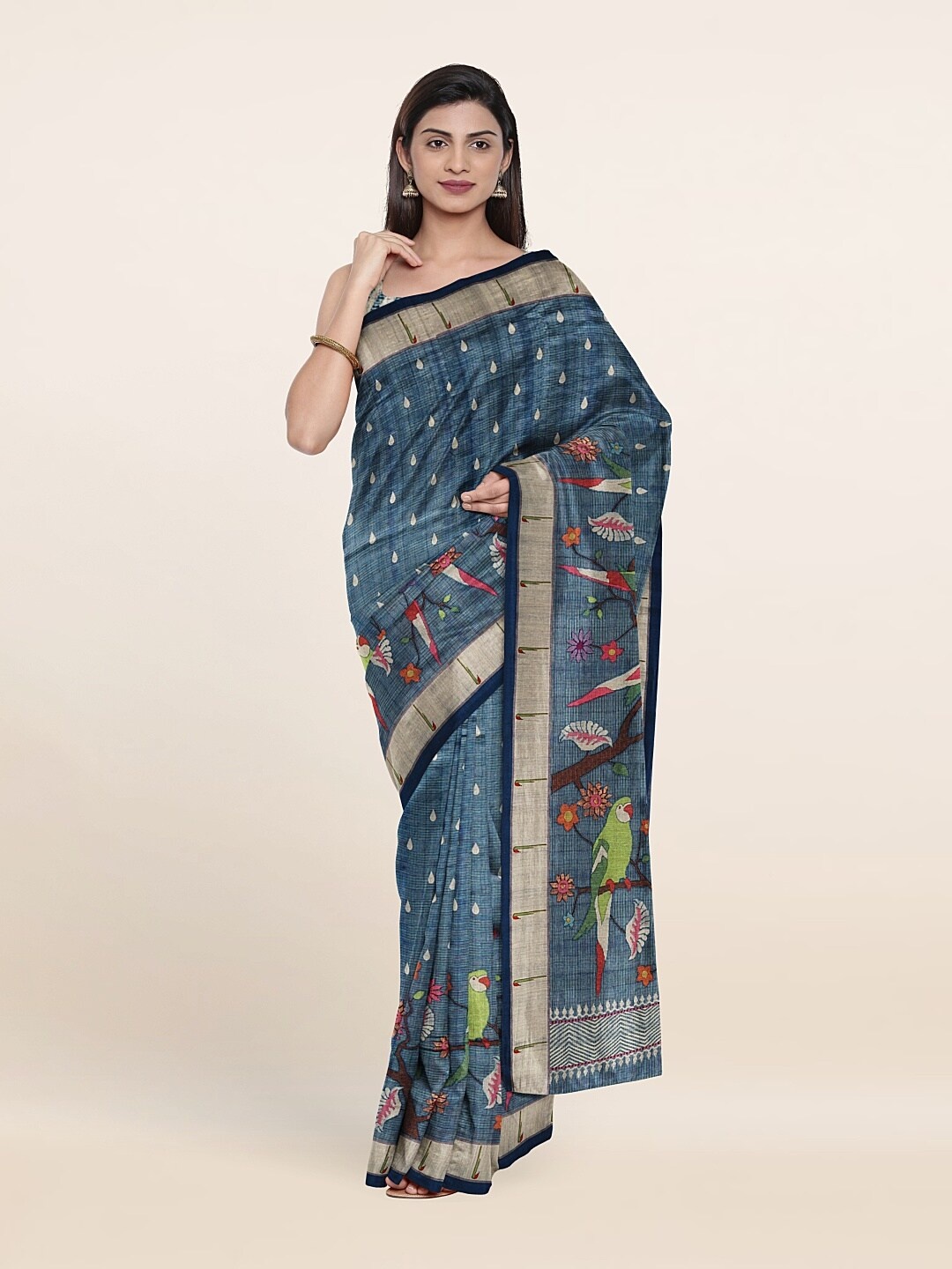 

Pothys Blue & Red Ethnic Motifs Jute Silk Saree