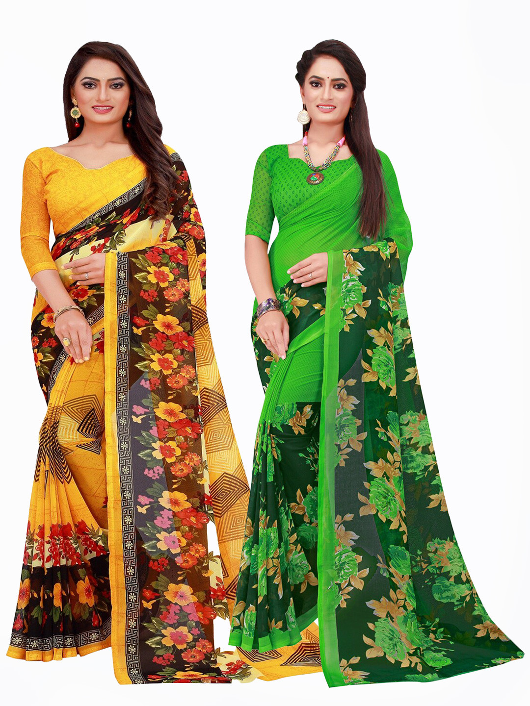 

Silk Bazar Pack of 2 Yellow & Green Floral Pinted Pure Georgette Saree