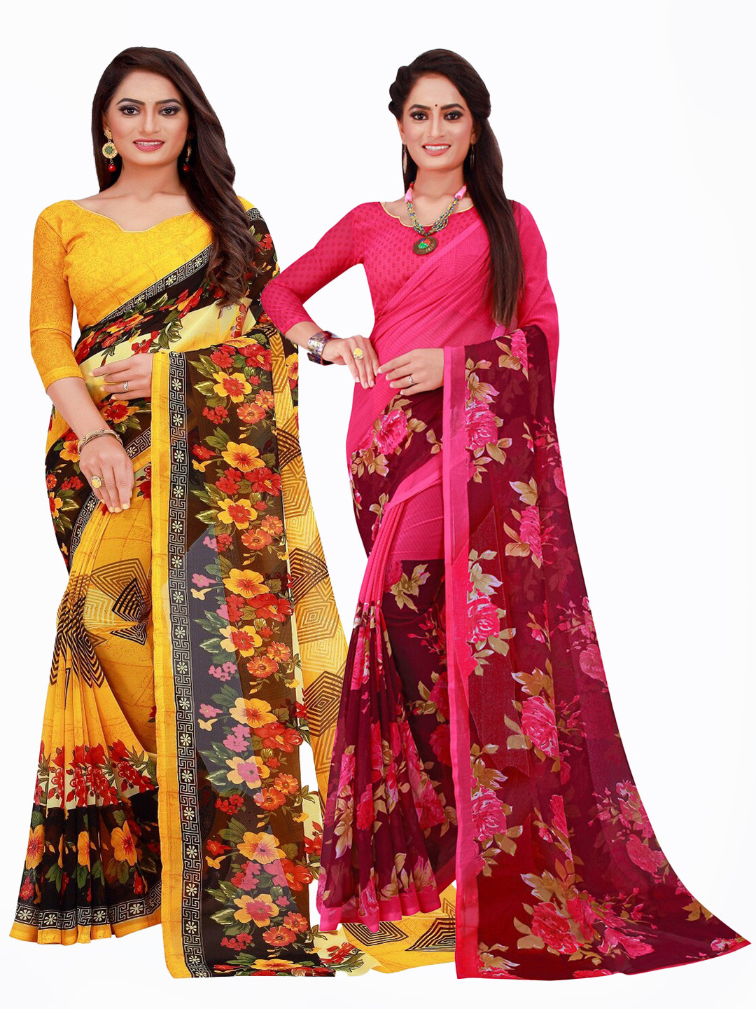 

Silk Bazar Pack of 2 Yellow & Magenta Floral Printed Pure Georgette Saree