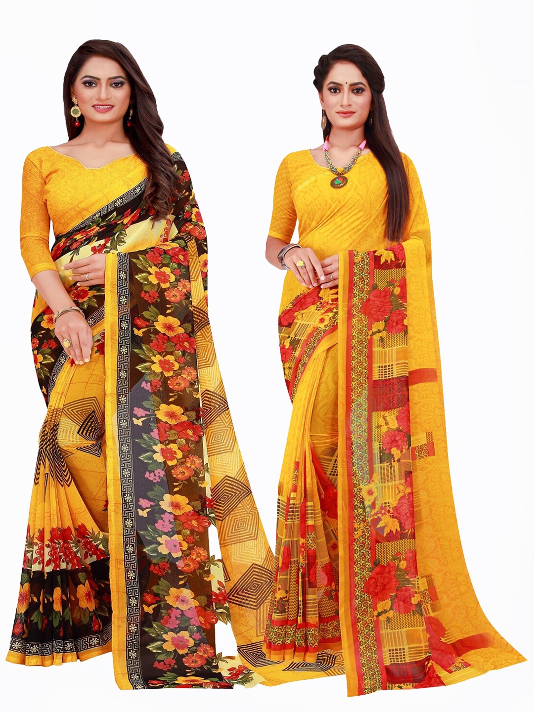 

Silk Bazar Pack of 2 Yellow & Red Floral Printed Pure Georgette Saree