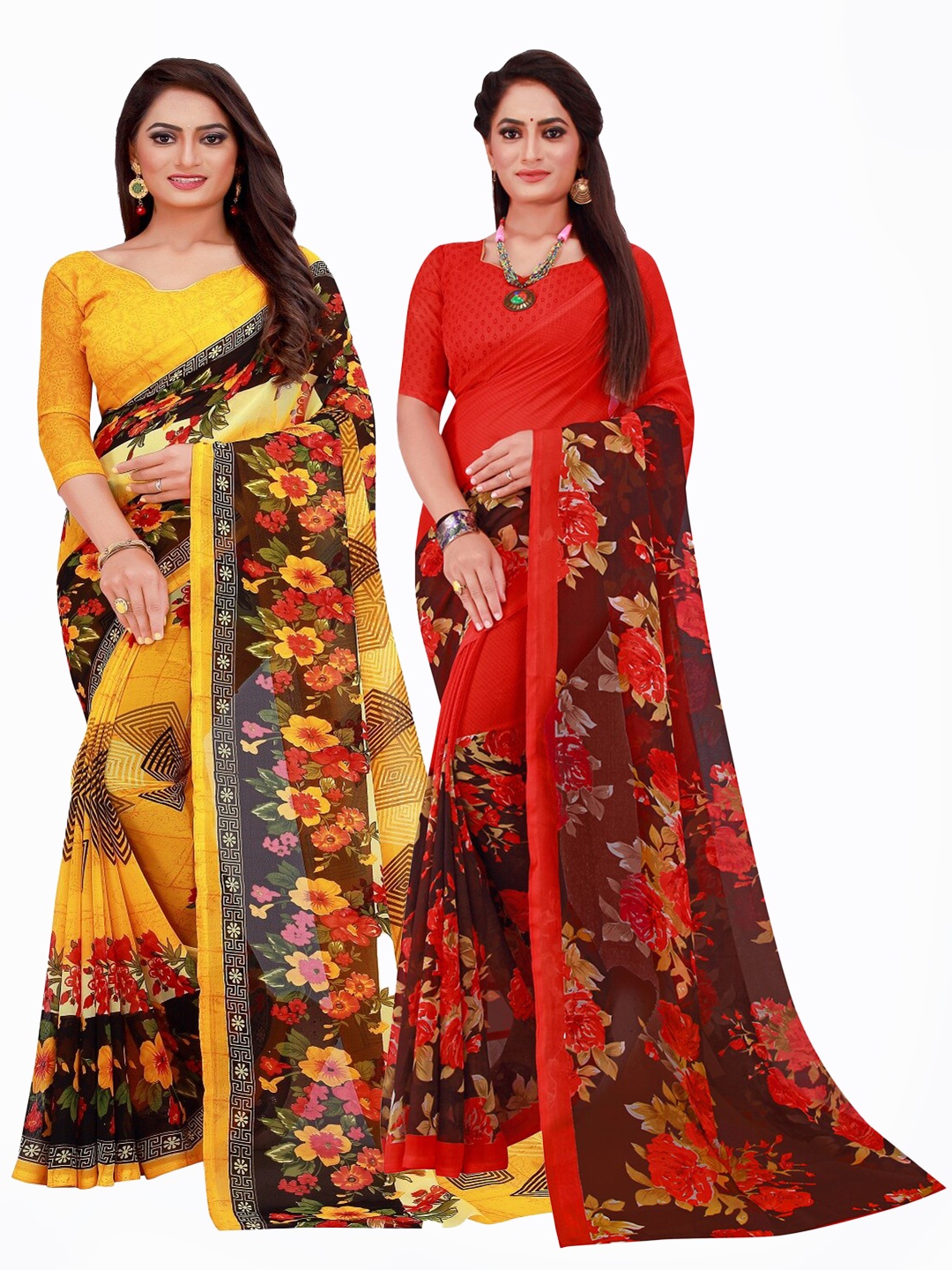 

Silk Bazar Pack of 2 Yellow & Red Floral Printed Pure Georgette Saree