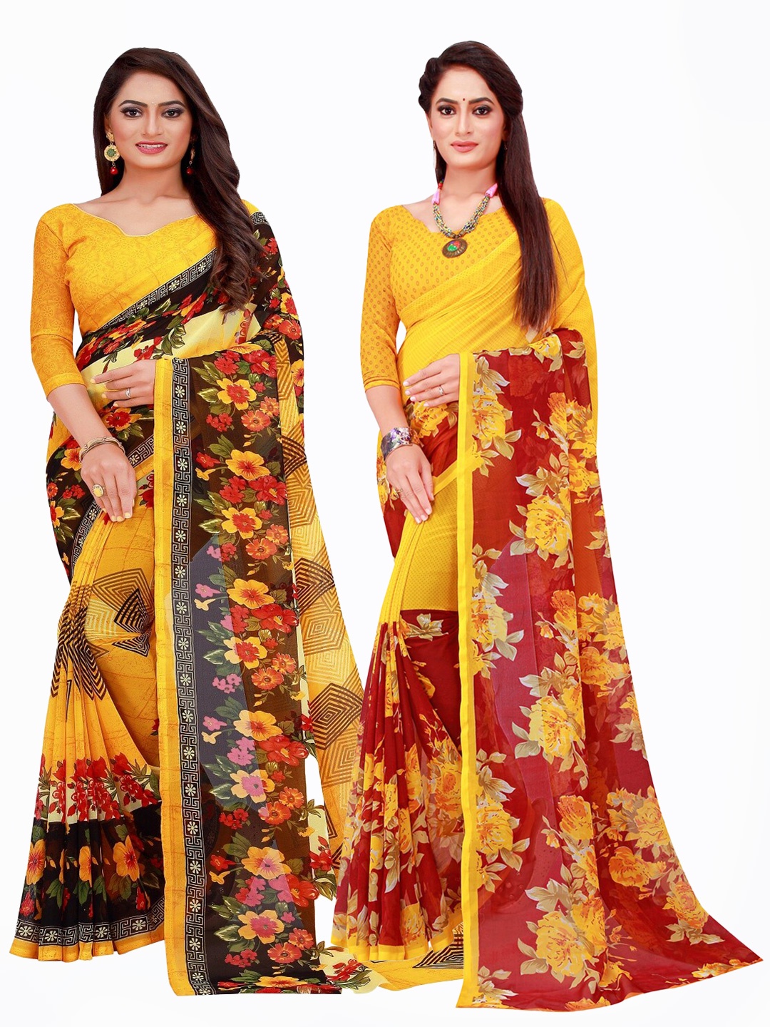 

Silk Bazar Pack of 2 Yellow & Red Floral Printed Pure Georgette Saree