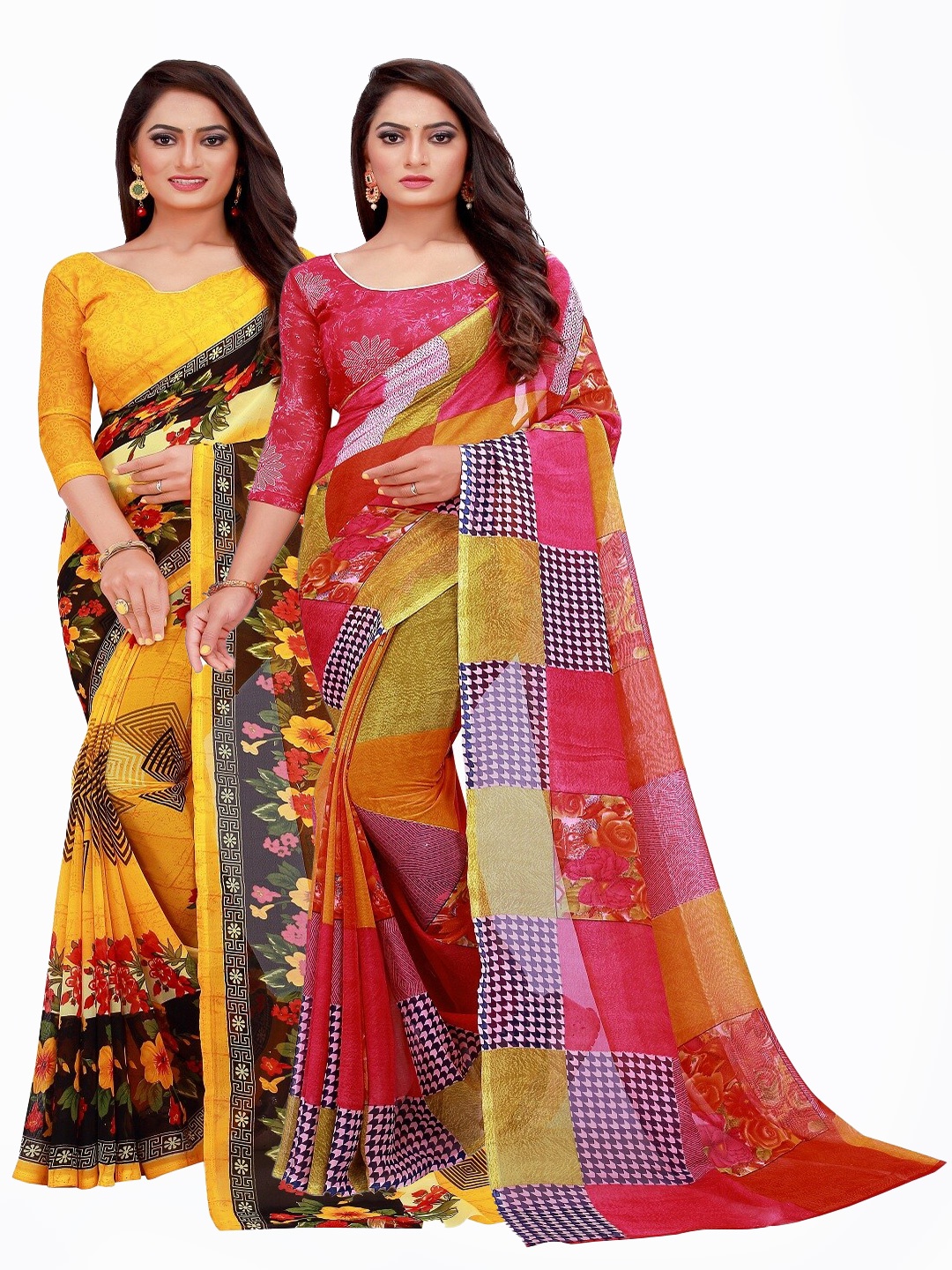 

Silk Bazar Pack of 2 Red & Yellow Floral Printed Pure Georgette Saree