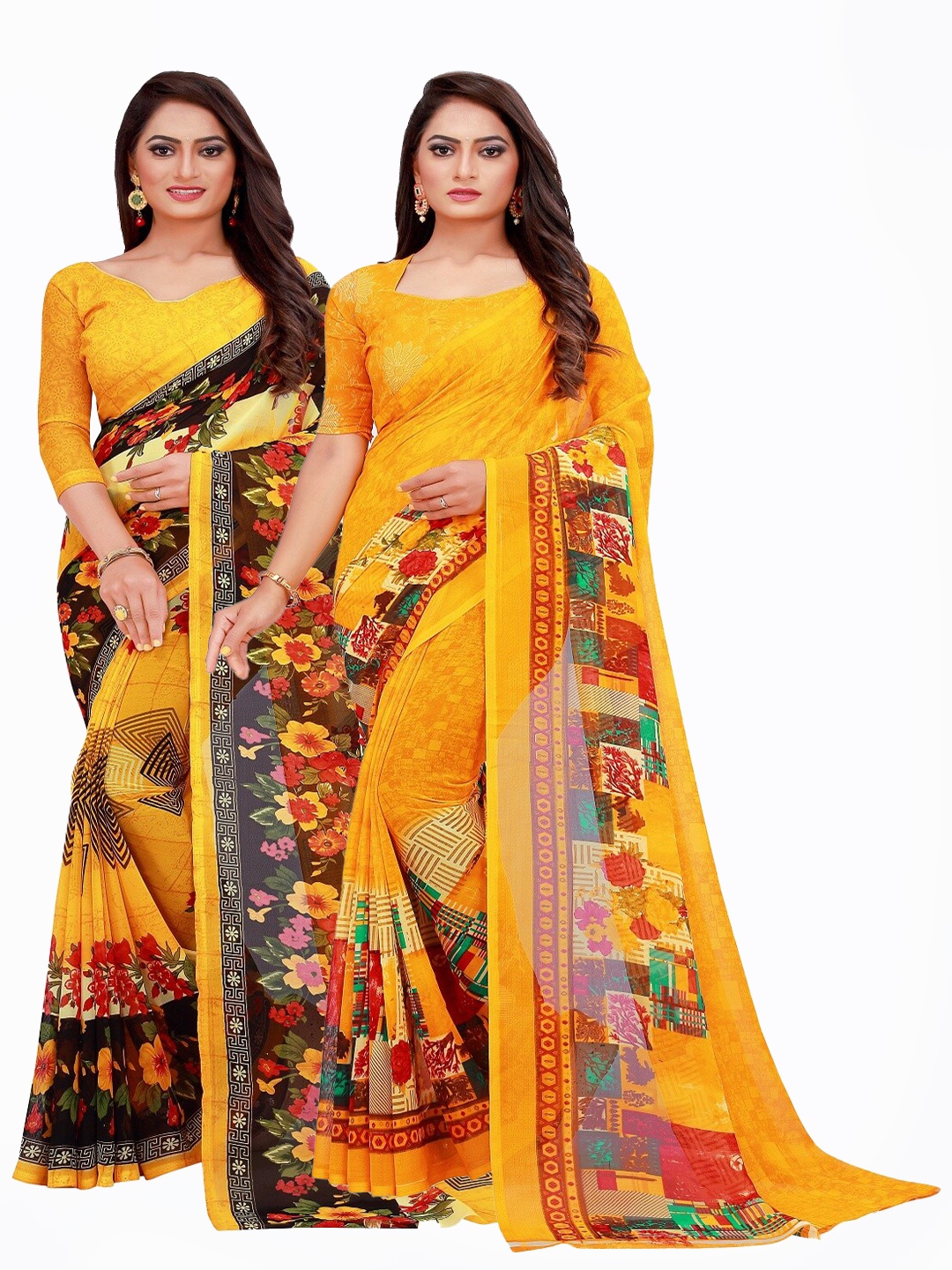 

Silk Bazar Pack of 2 Yellow & Green Floral Printed Pure Georgette Saree