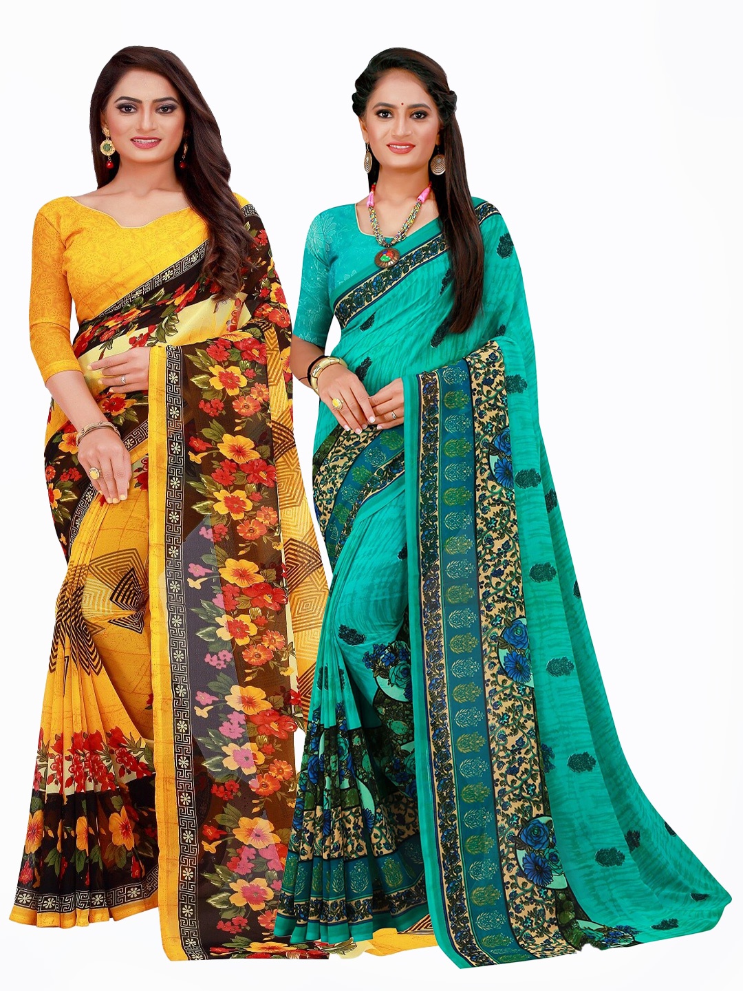 

Silk Bazar Pack of 2 Yellow & Turquoise Blue Floral Printed Pure Georgette Saree