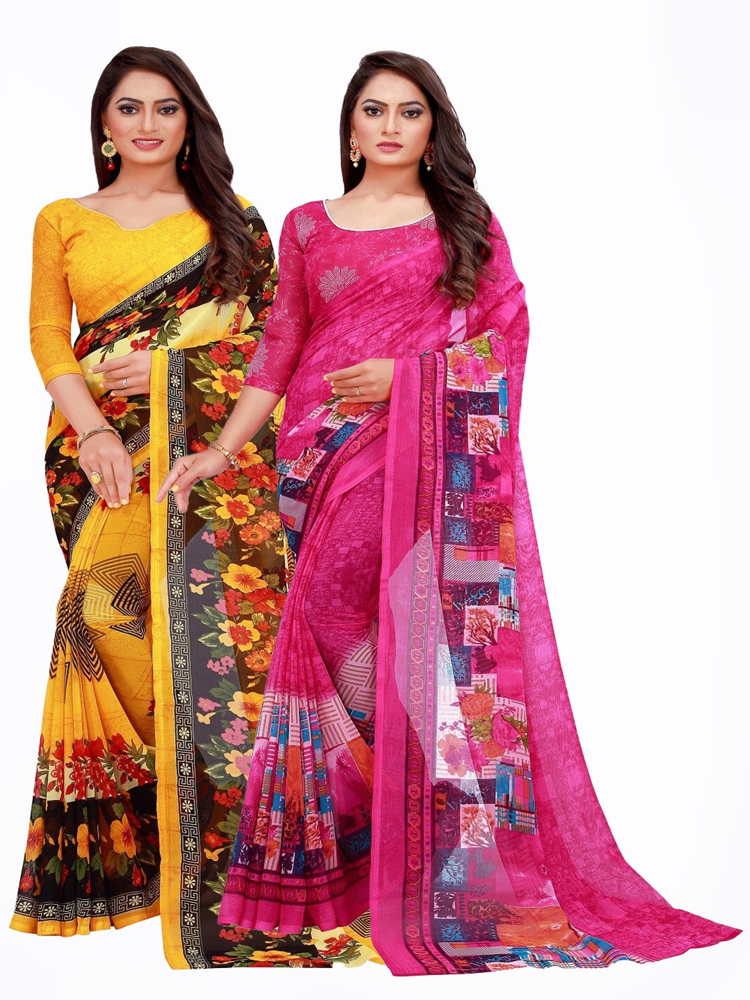 

Silk Bazar Pack of 2 Yellow & Magenta Floral Printed Pure Georgette Saree
