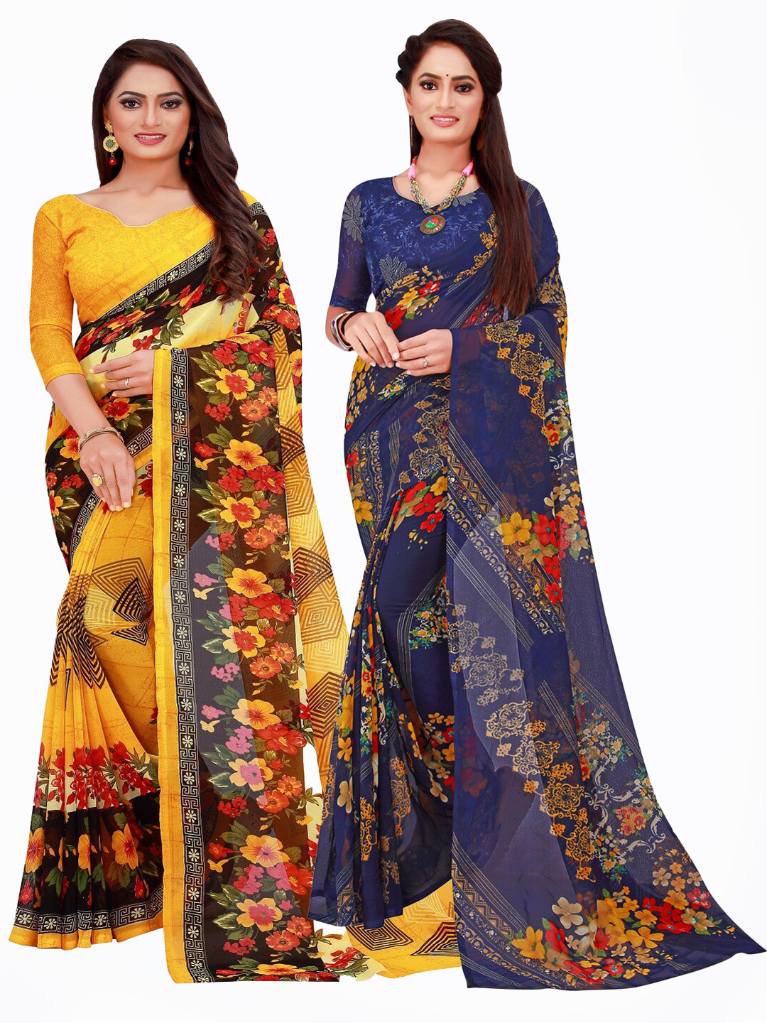 

Silk Bazar Pack of 2 Yellow & Navy Blue Floral Printed Pure Georgette Saree