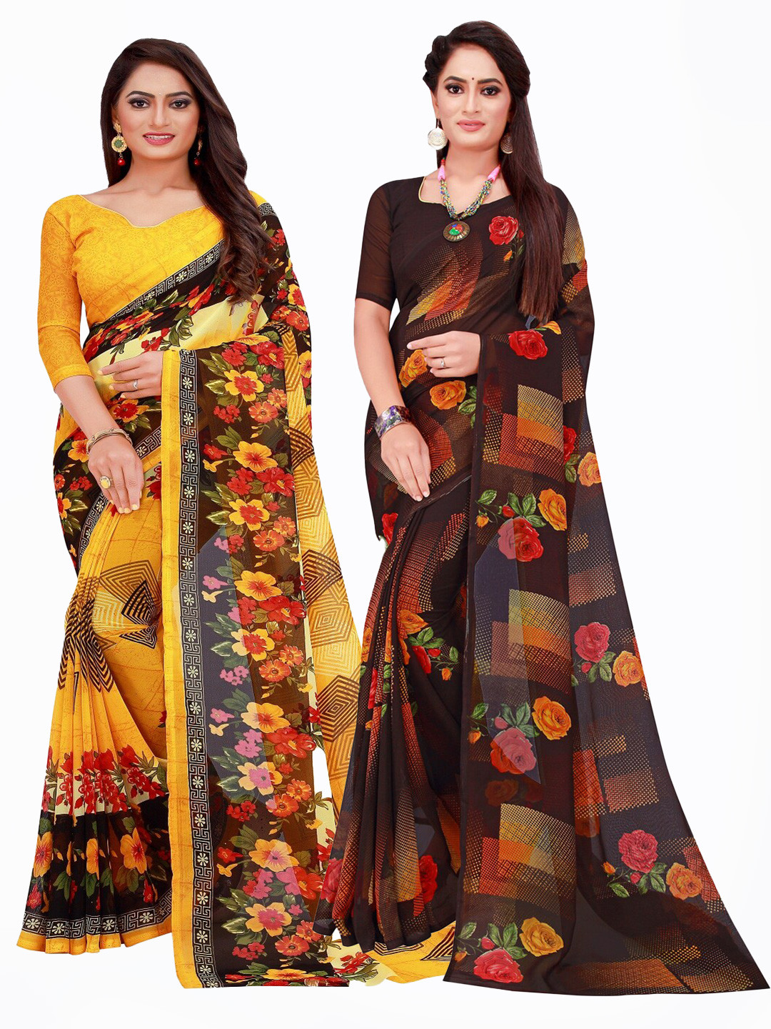 

Silk Bazar Pack of 2 Yellow & Purple Floral Printed Pure Georgette Saree