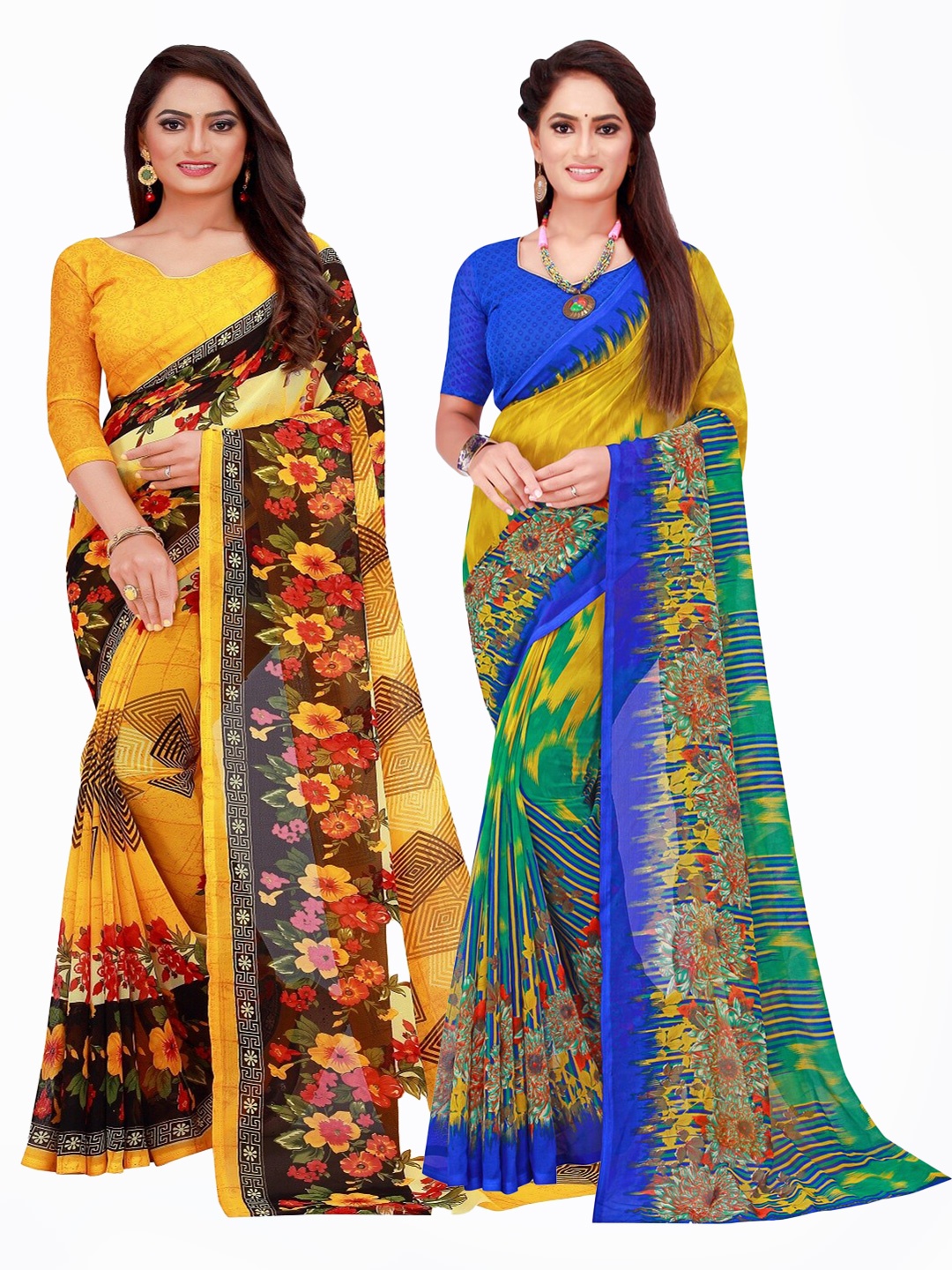 Silk Bazar Pack of 2 Yellow & Blue Floral Printed Pure Georgette Saree