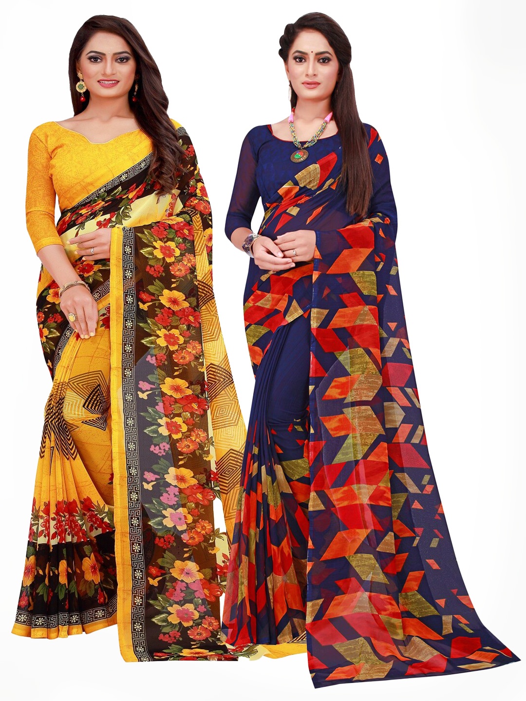

Silk Bazar Pack of 2 Navy Blue & Yellow Printed Pure Georgette Saree