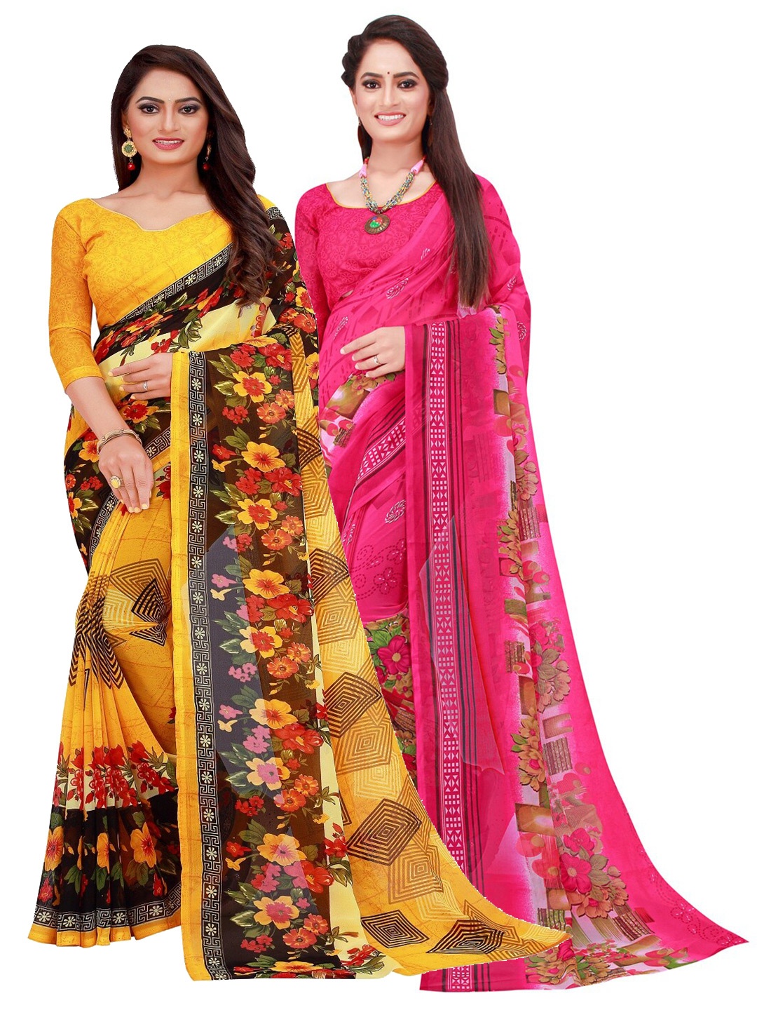 

Silk Bazar Pack of 2 Magenta & Yellow Printed Pure Georgette Saree