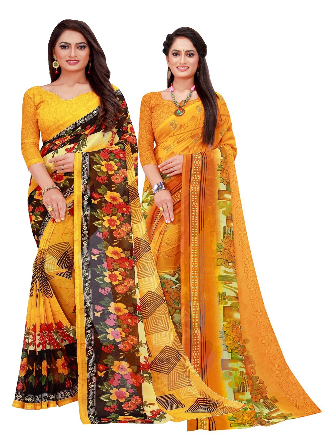 

Silk Bazar Pack of 2 Yellow & Orange Printed Pure Georgette Saree