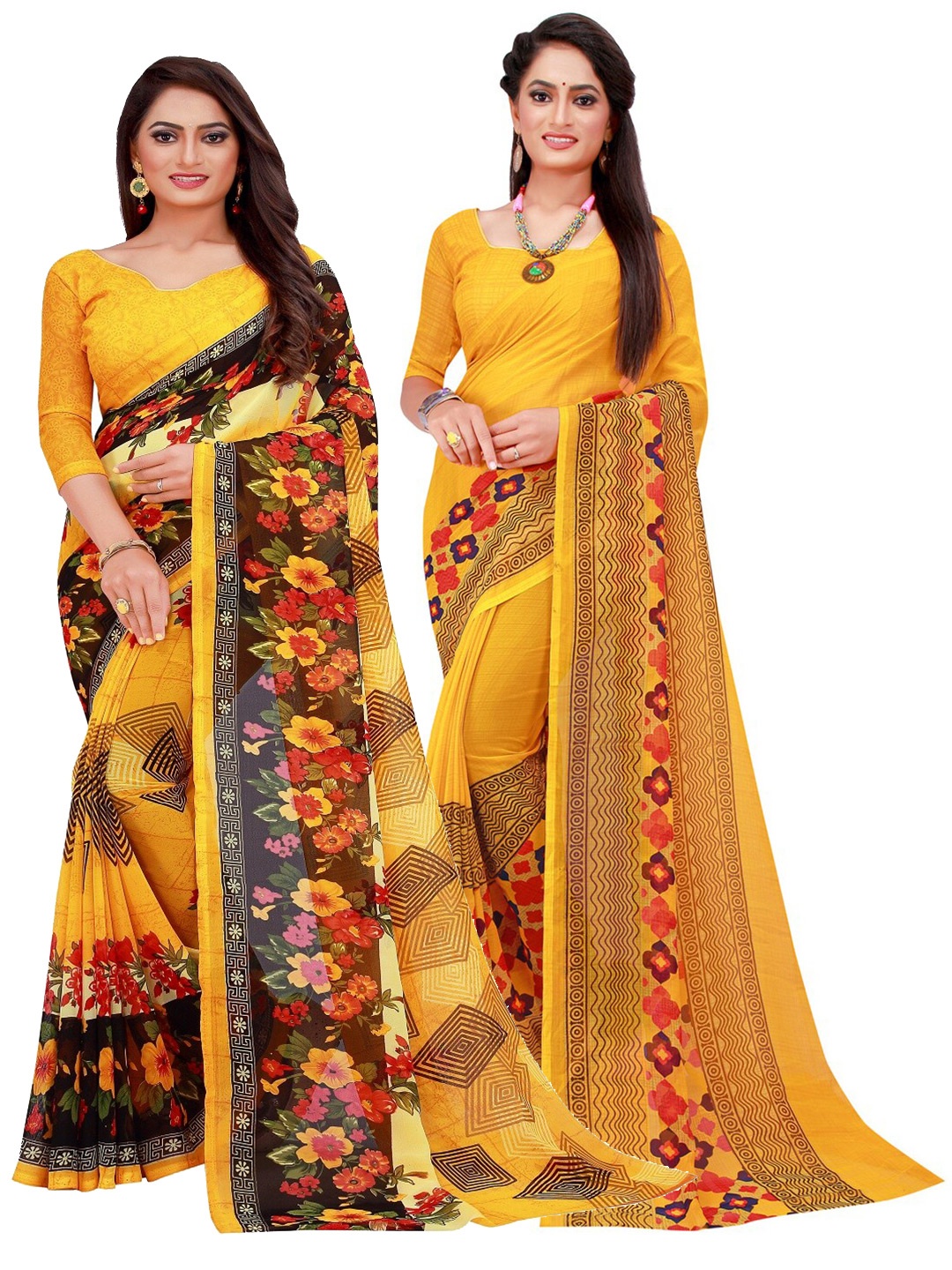 

Silk Bazar Pack of 2 Yellow & Black Printed Pure Georgette Saree