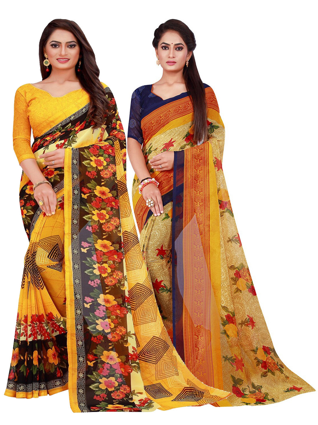 

Silk Bazar Pack of 2 Yellow & Beige Printed Pure Georgette Saree