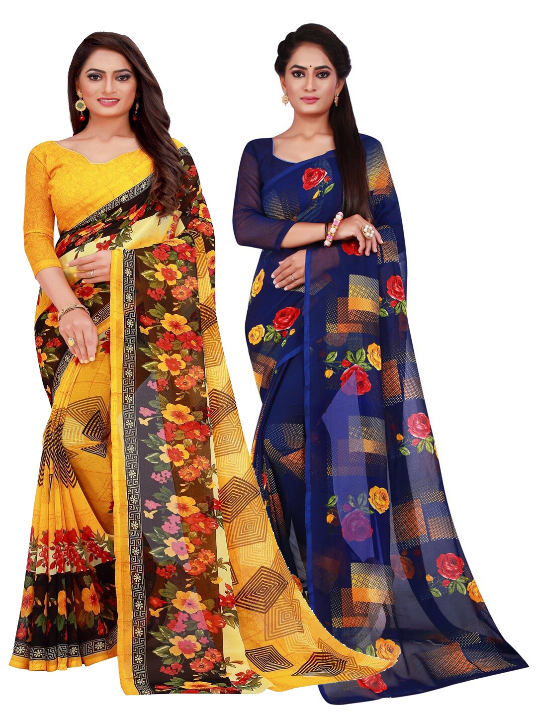 

Silk Bazar Pack of 2 Yellow & Navy Blue Printed Pure Georgette Saree