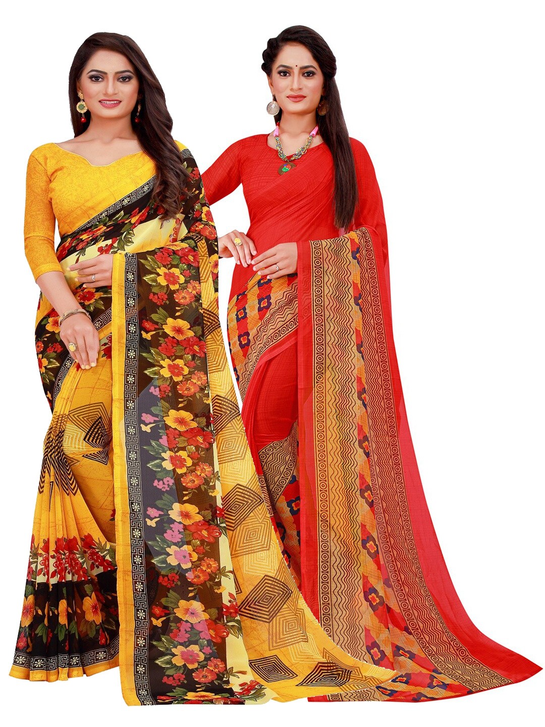 

Silk Bazar Pack of 2 Red & Yellow Printed Pure Georgette Saree