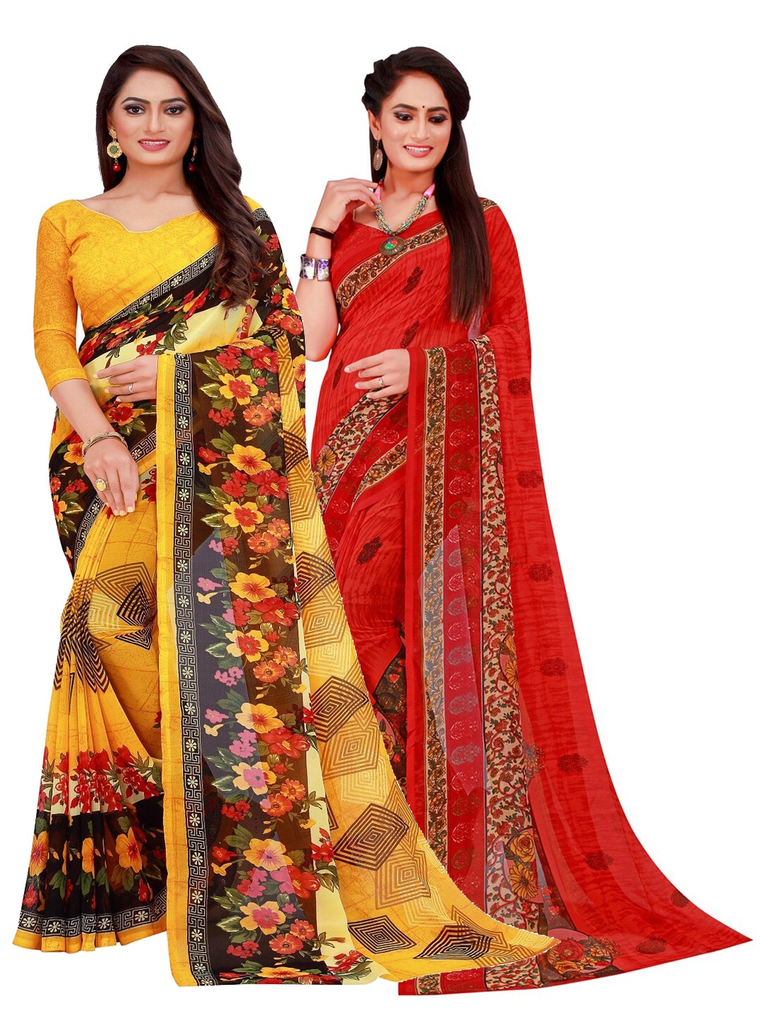 

Silk Bazar Pack of 2 Yellow & Green Printed Pure Georgette Saree