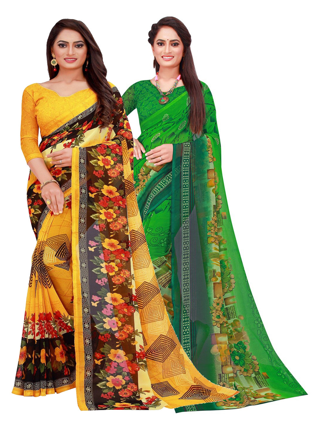 

Silk Bazar Pack of 2 Yellow & Green Printed Pure Georgette Saree