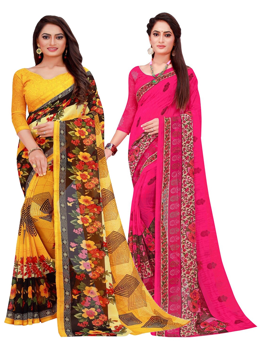 

Silk Bazar Pack of 2 Yellow & Magenta Printed Pure Georgette Saree