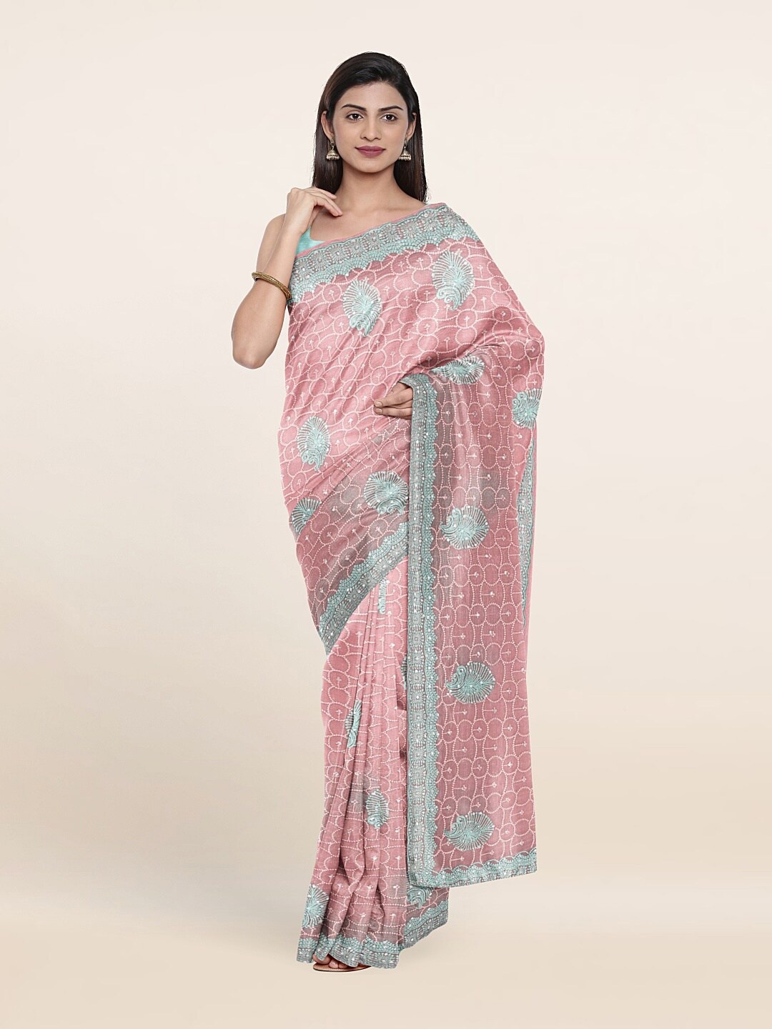 

Pothys Pink & Blue Floral Embroidered Saree