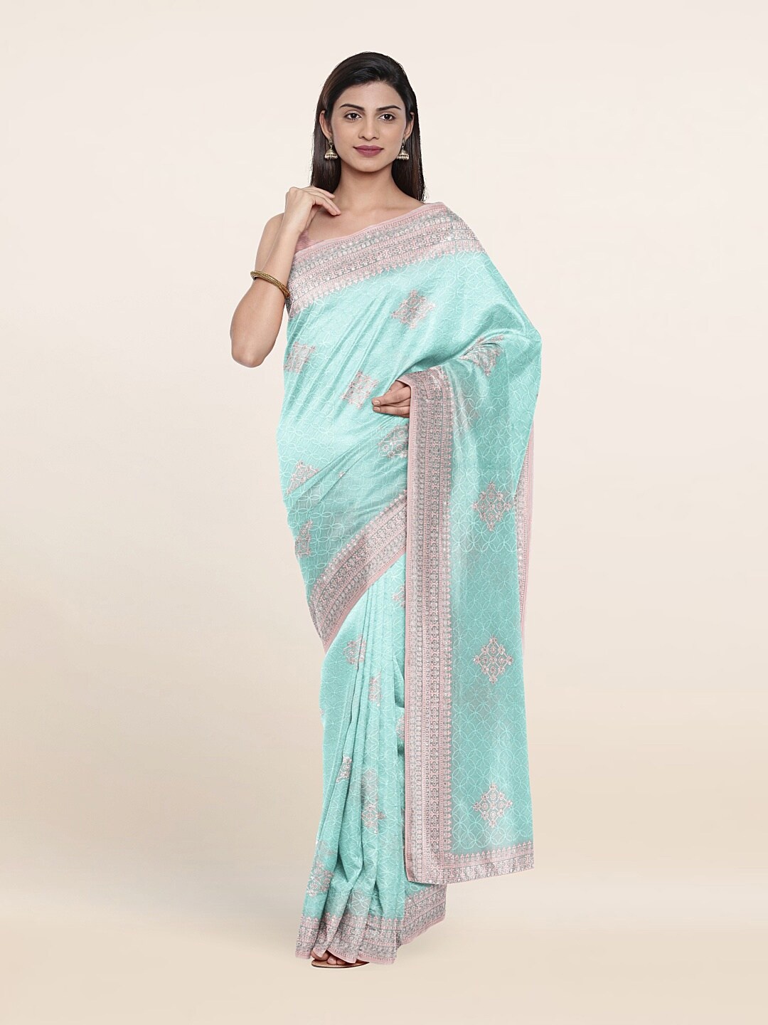 

Pothys Blue & Pink Floral Embroidered Saree