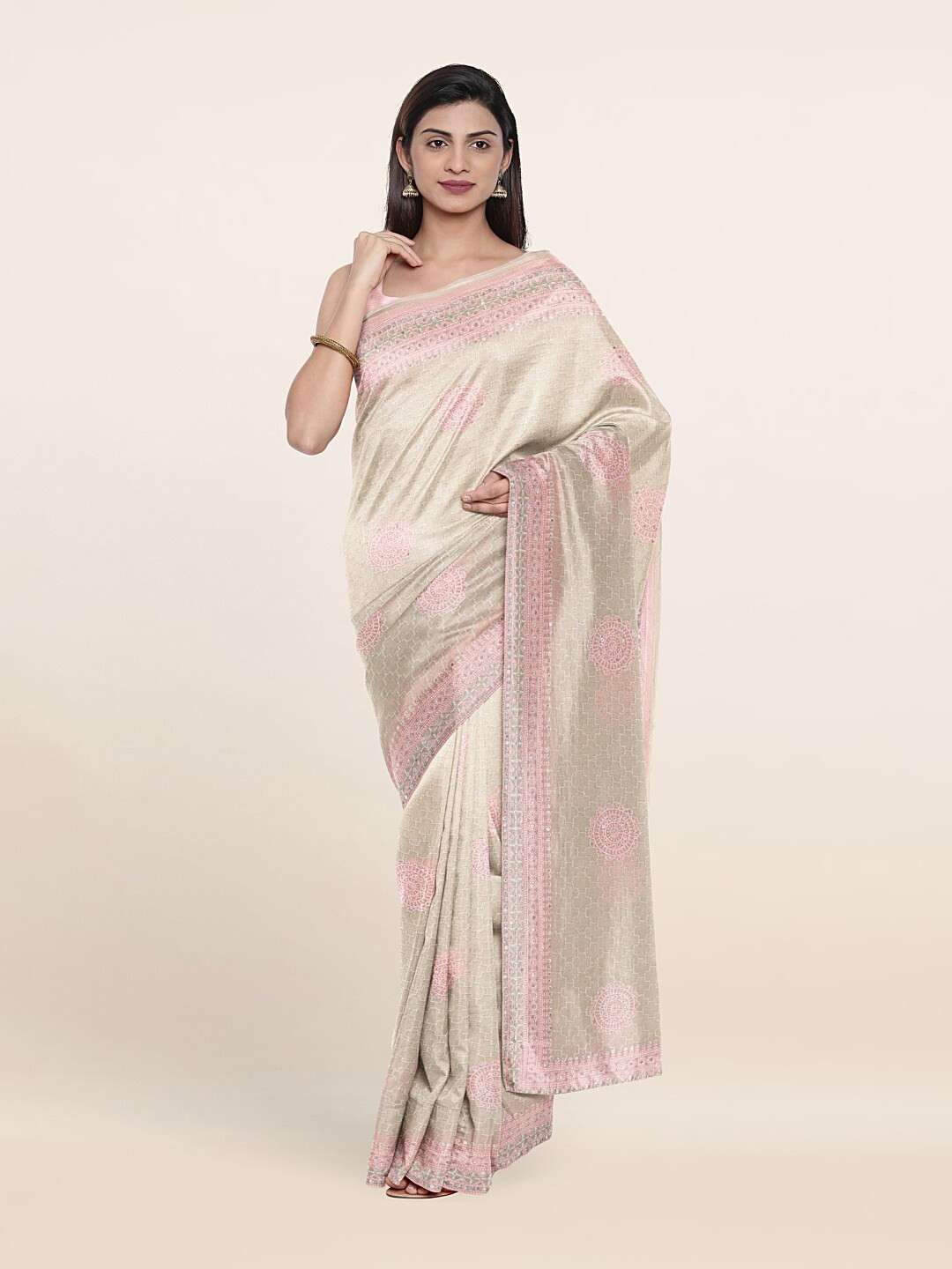 

Pothys Grey & Pink Floral Embroidered Saree