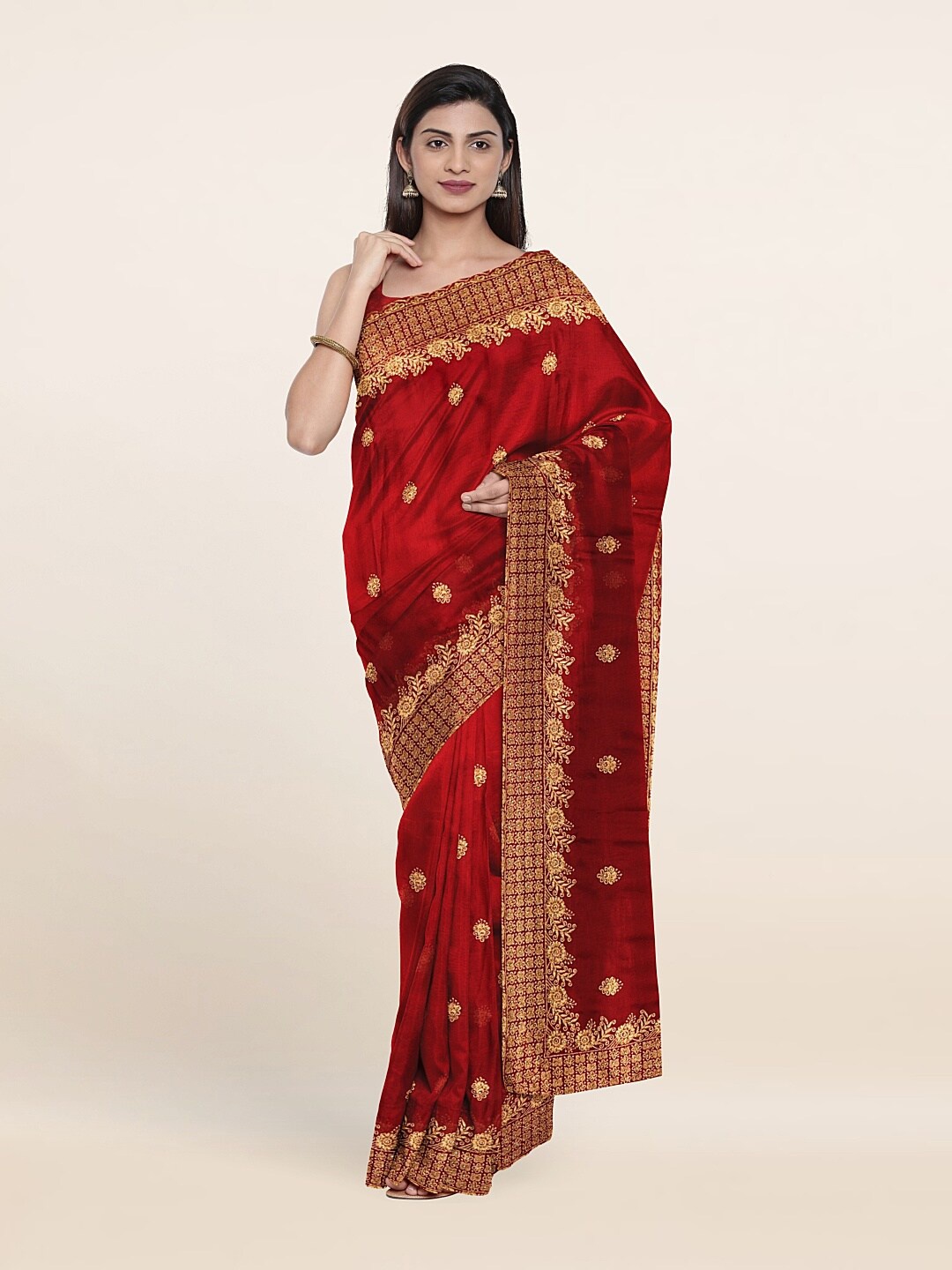 

Pothys Maroon & Gold-Toned Floral Embroidered Saree