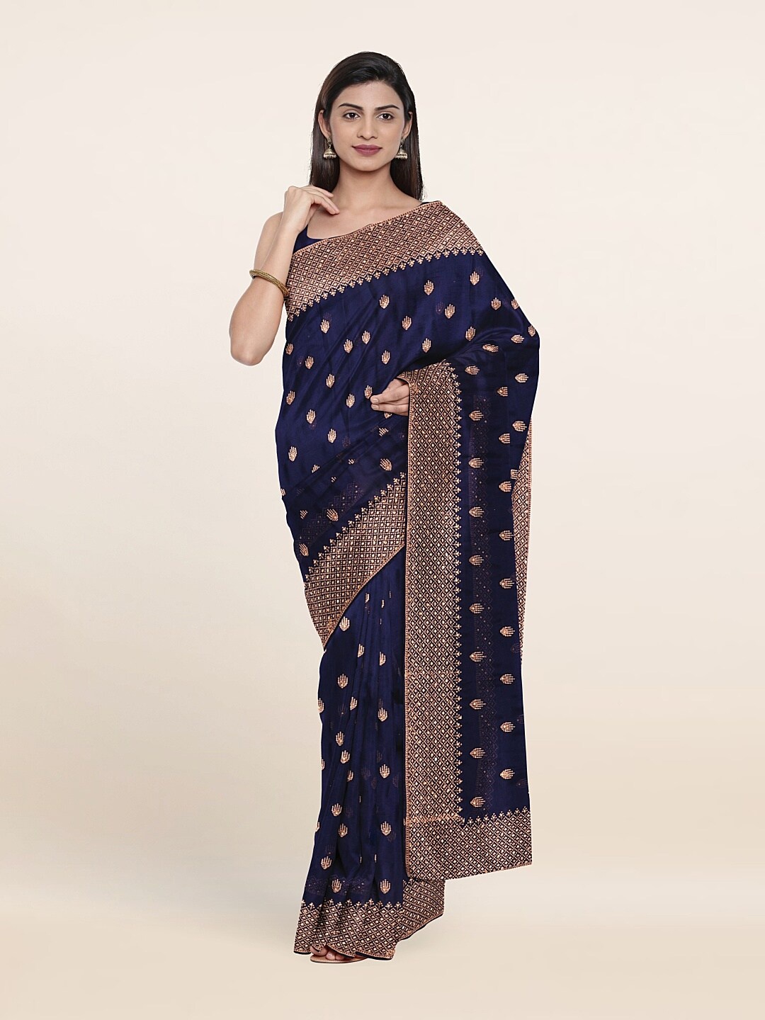 

Pothys Blue & Gold-Toned Floral Embroidered Saree