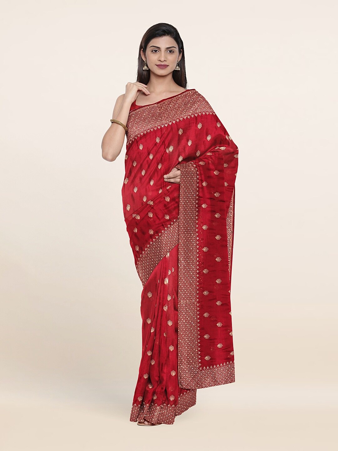 

Pothys Maroon & Gold-Toned Floral Embroidered Saree