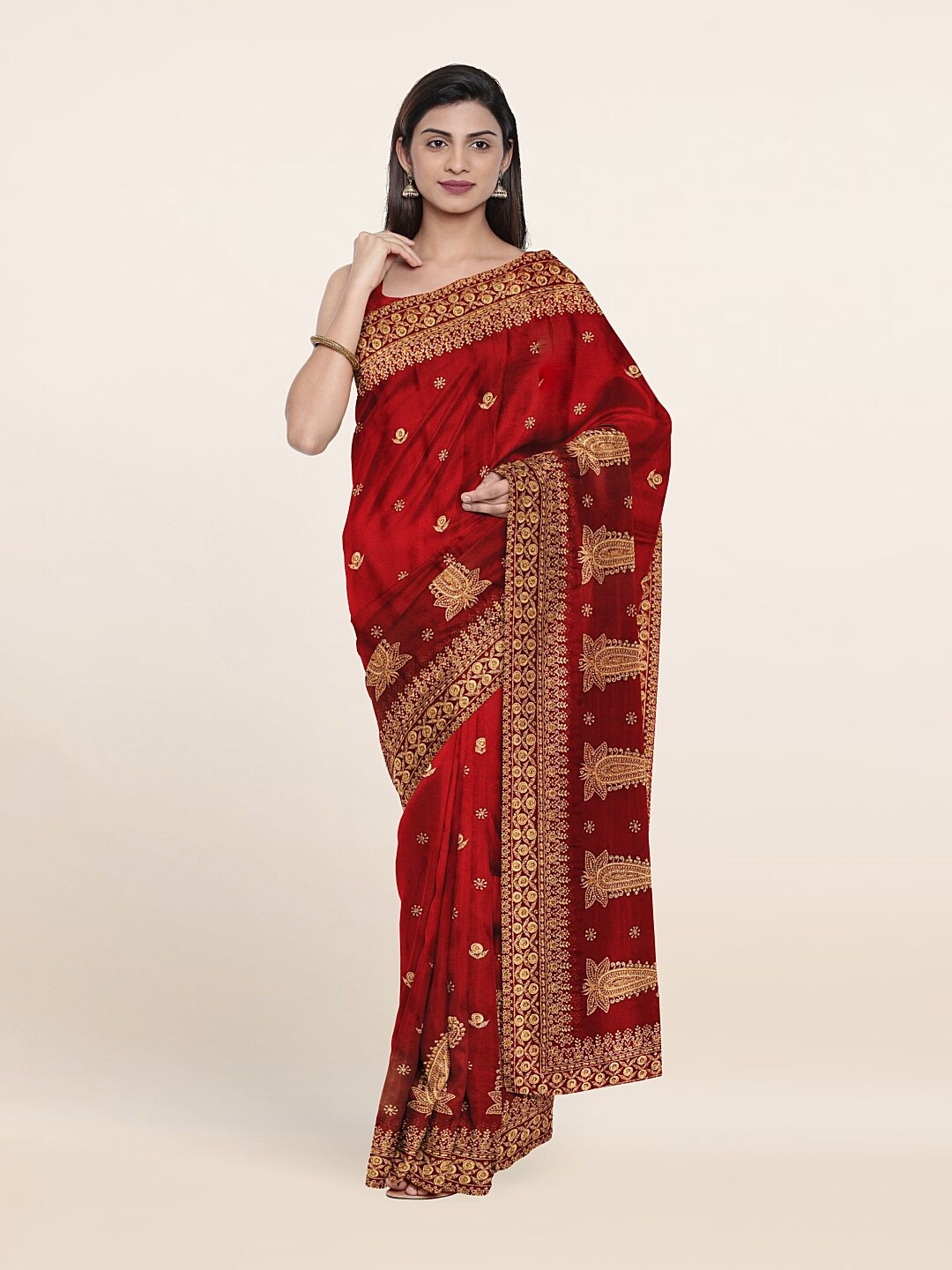 

Pothys Maroon & Gold-Toned Paisley Embroidered Saree