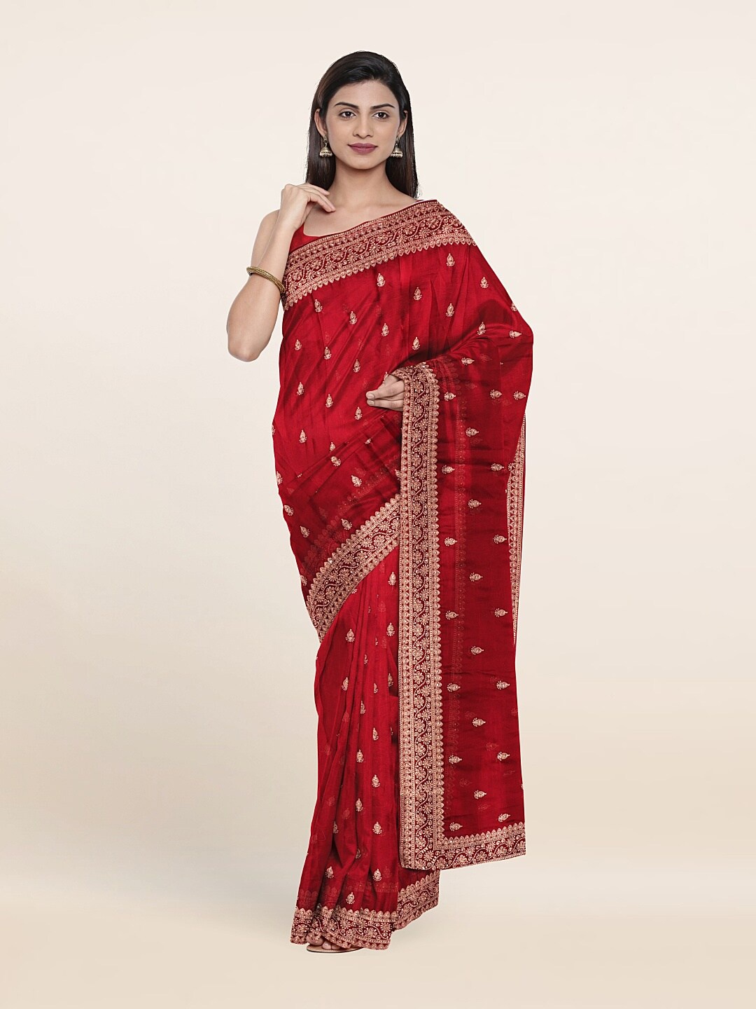 

Pothys Maroon & Gold-Toned Floral Embroidered Saree