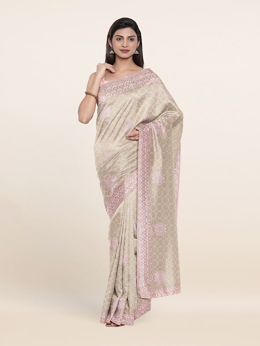 

Pothys Peach-Coloured & Brown Floral Embroidered Saree