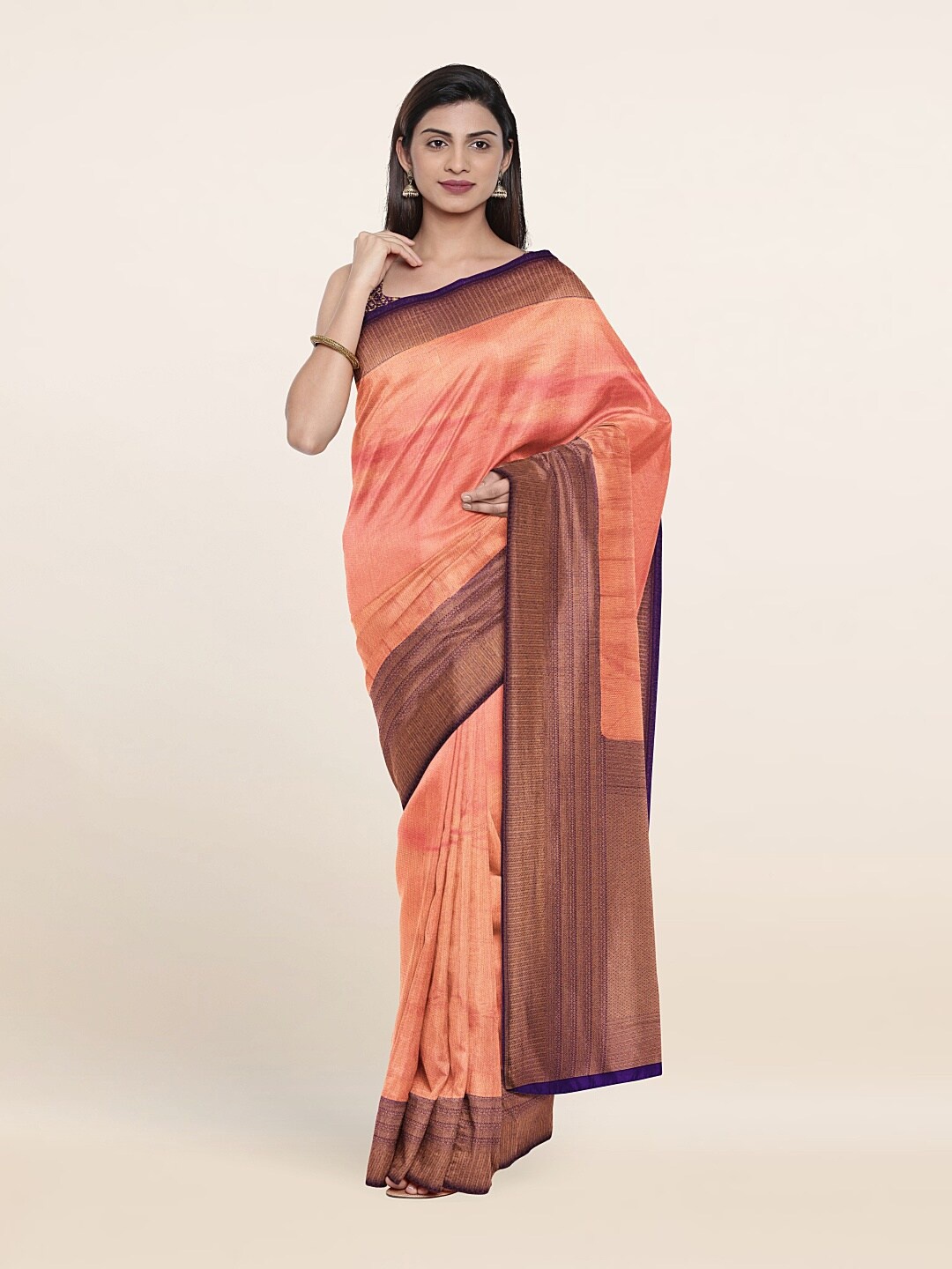 

Pothys Peach-Coloured & Gold-Toned Woven Design Zari Art Silk Saree