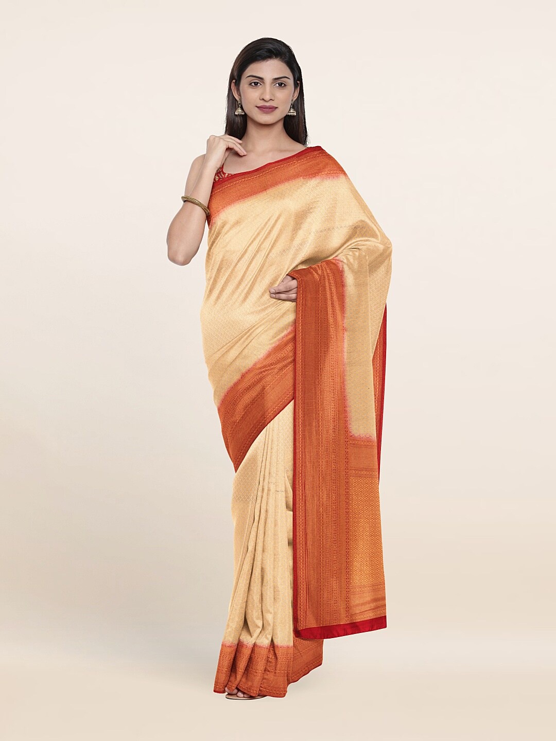 

Pothys Cream-Coloured & Copper-Toned Woven Design Zari Art Silk Saree