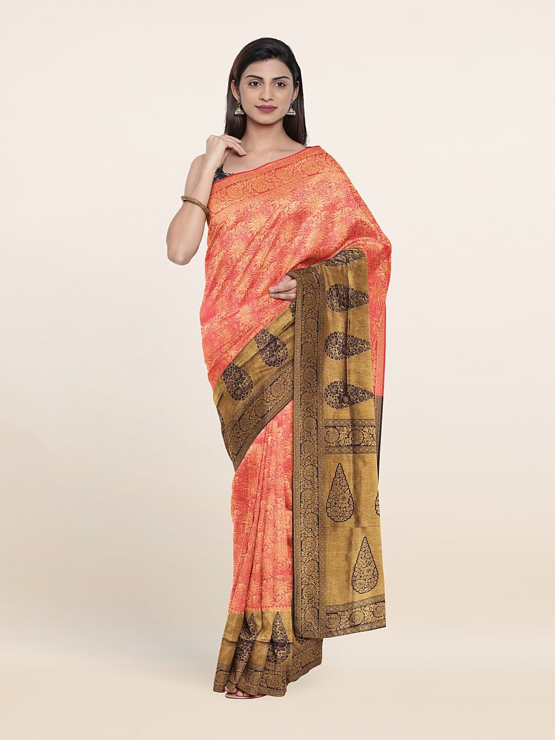 

Pothys Pink & Gold-Toned Woven Design Zari Art Silk Saree