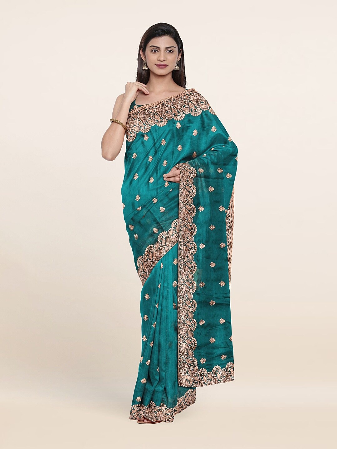 

Pothys Green & Pink Floral Embroidered Saree